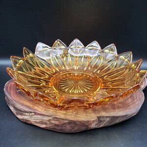 Federal Glass Petal Amber Sunflower Bowl 10" Vintage Pressed Glass Serving Dish